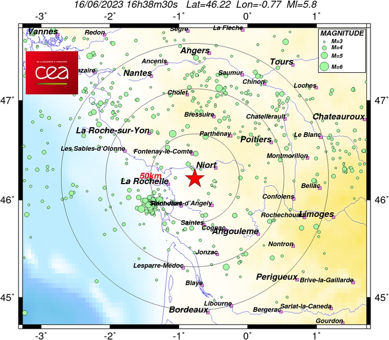 Map of the seismic alert of June 16, 2023. // Source: CEA