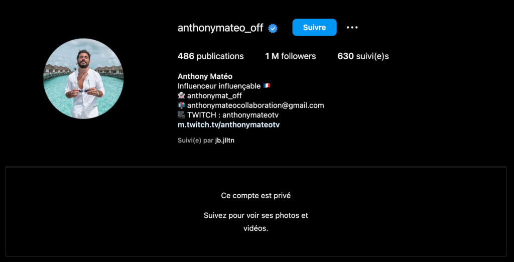 Le compte Instagram d'Anthony Mateo est en privé // Source : Capture d'écran Numerama