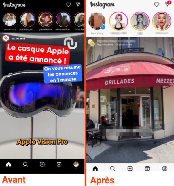 La version "avant" (gauche) des stories, et la version "après" (droite)