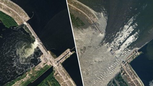 Source : Le barrage de Kakhovka avant/après la destruction. Images satellite de Planet Labs