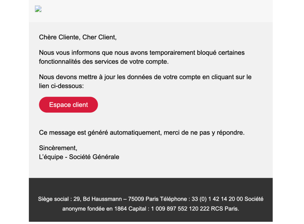 Le mail de phishing usurpant la société générale. // Source : Julien Metayer