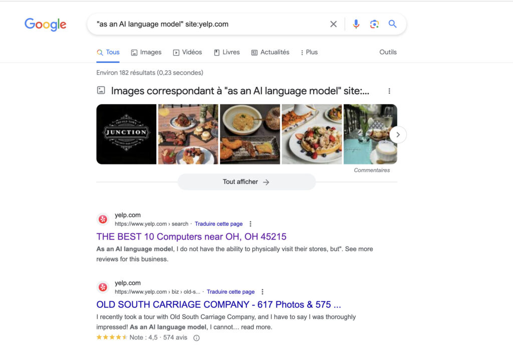 La recherche sur Yelp pour « As an AI language model »