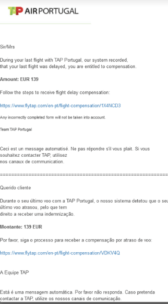 Le mail frauduleux usurpant TAP Air Portugal. // Source : Check Point