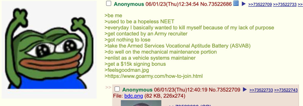 L'appel à rejoindre à l'armée américaine sur 4chan. // Source : Numerama
