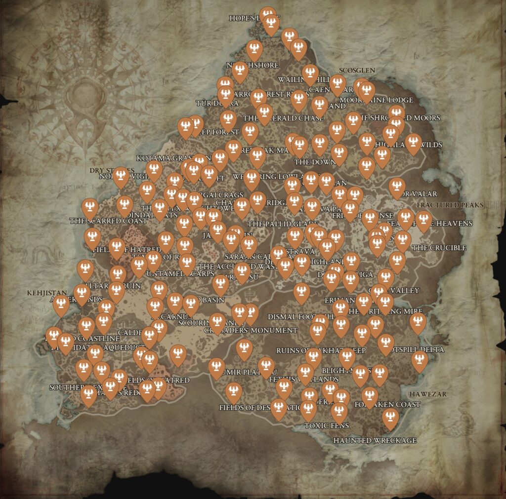 Carte de Diablo IV pour trouver les Autels de Lilith // Source : Capture d'écran