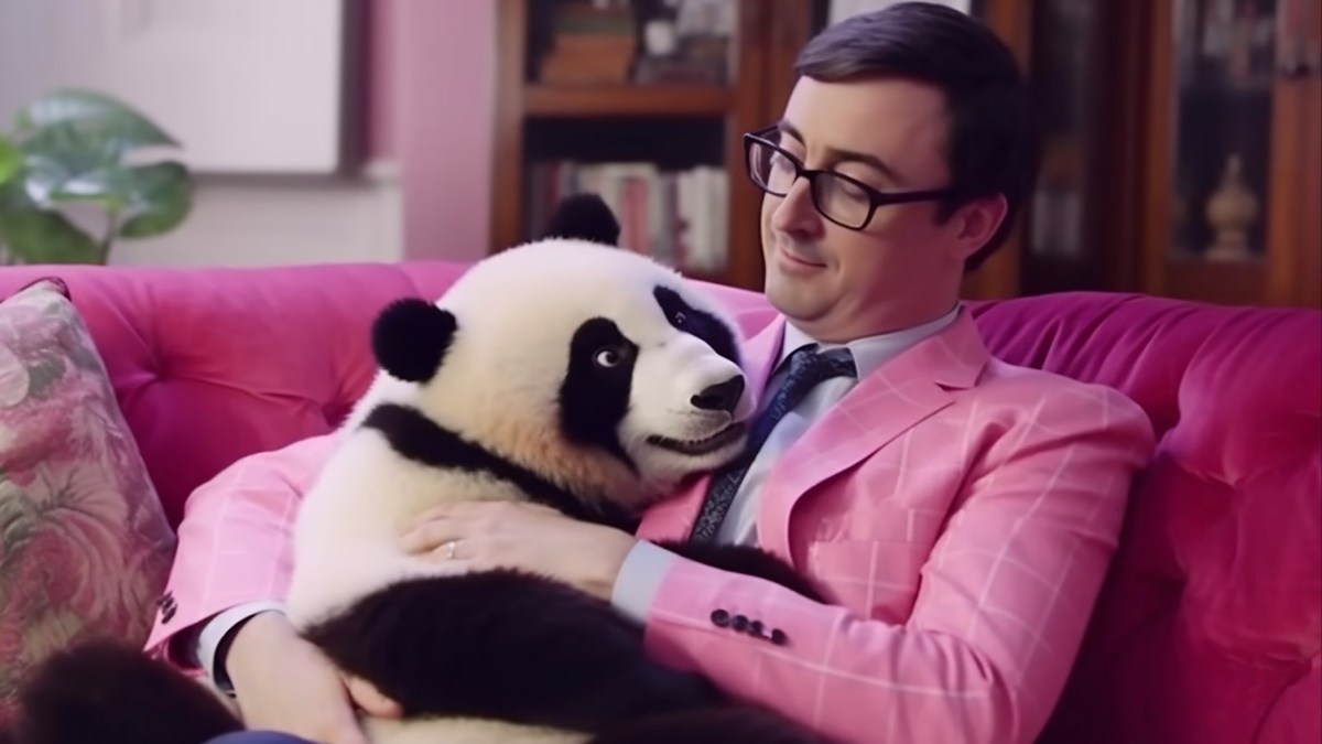 Image générée par IA de John Oliver avec un panda, publiée sur le subredddit r/aww.  // Source : Reddit