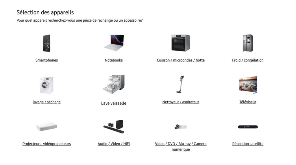 Toutes les catégories de produits éligibles à l'Autoréparation, avec à chaque fois peu de références pour l'instant.