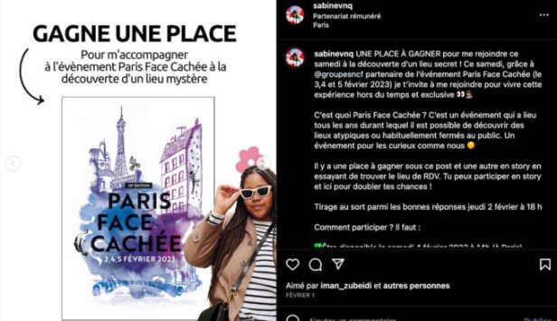 Capture d'écran d'un post Instagram de sabinebnq dans le cadre d'un jeu concours proposé en partenariat avec la SNCF. 

Source : Instagram de sabinevnq