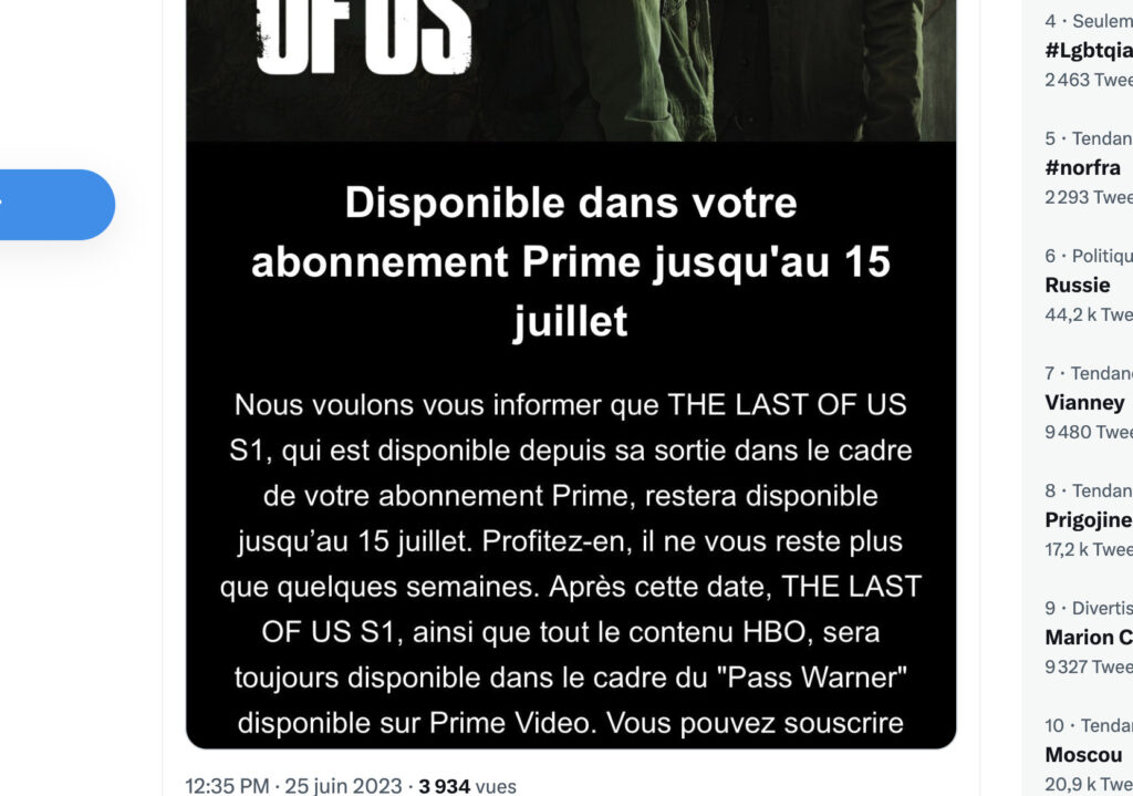 Le mail envoyé par Amazon à certains abonnés, qui annonce la fin de The Last of Us sur Prime Video.