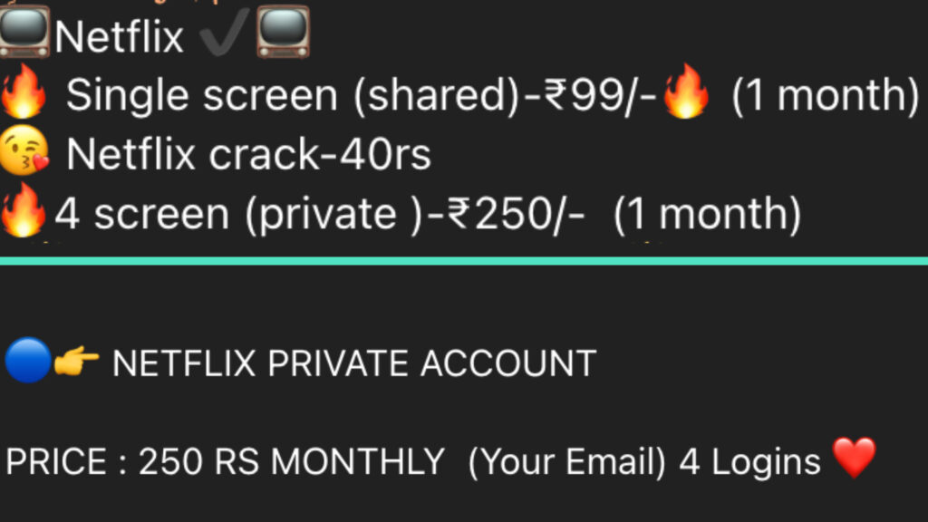 Des ventes de comptes Netflix en roupie indienne sur Telegram. // Source : Numerama