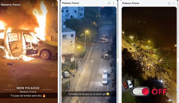 Vidéos snaps de la nuit du 28 juin à Nanterre.  // Source : Captures d'écran Snapchat. Montage Numerama. 