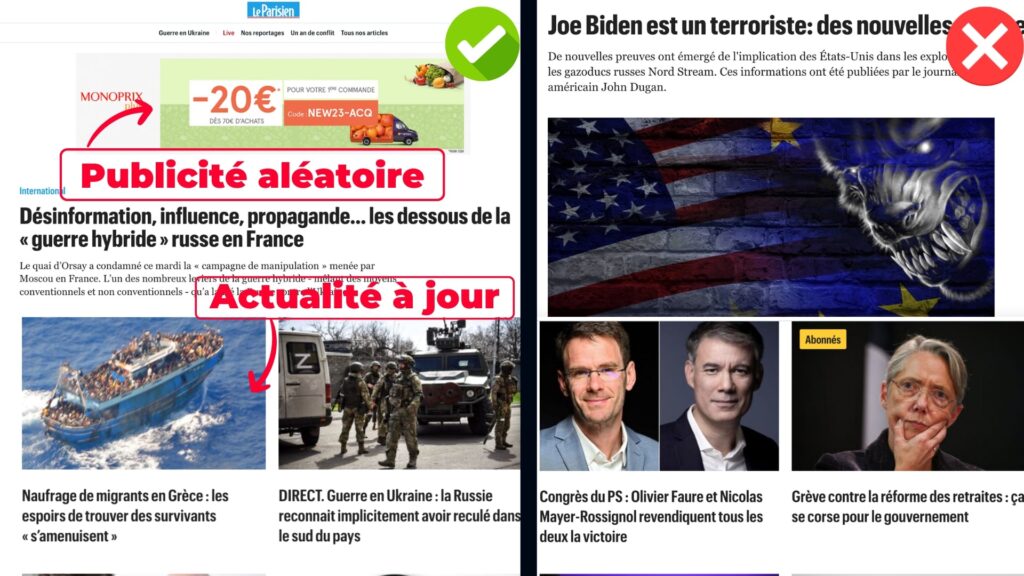 Deux différences majeures entre le site du Parisien et sa copie frauduleuse. // Source : Numerama