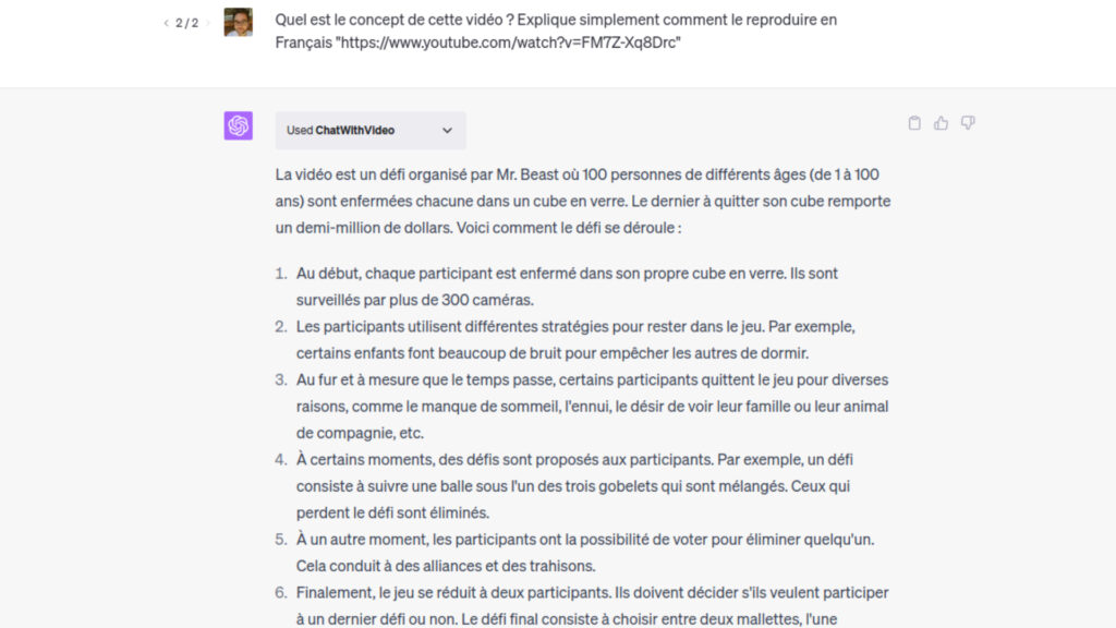 ChatWithVideo décrit le concept de l'une des dernières vidéos de MrBeast. // Source : Capture d'écran