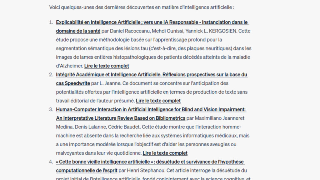 Les dernières publications scientifiques sur l'intelligence artificielle.  // Source : Capture d'écran