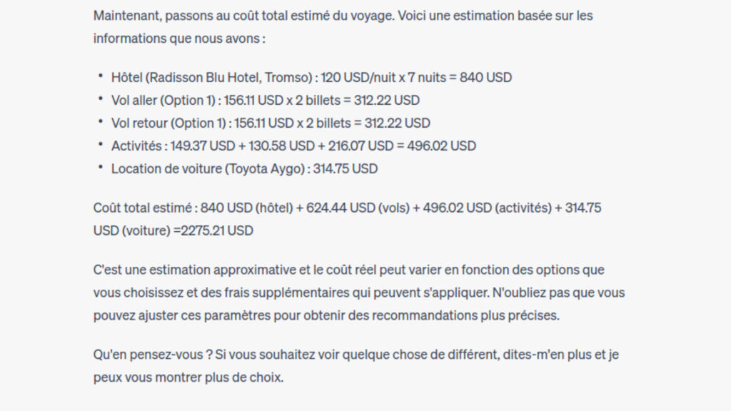 L'IA additionne les options les moins chères pour calculer le coût total du voyage.  // Source : Capture d'écran