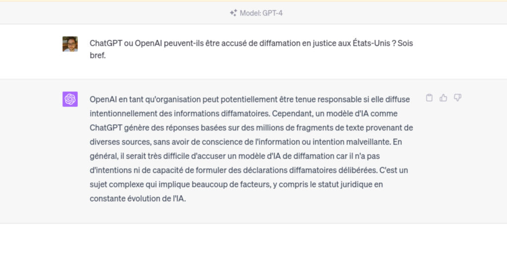 ChatGPT a (lui aussi) son avis sur l'affaire qui le concerne. // Source : Capture d'écran GPT-4