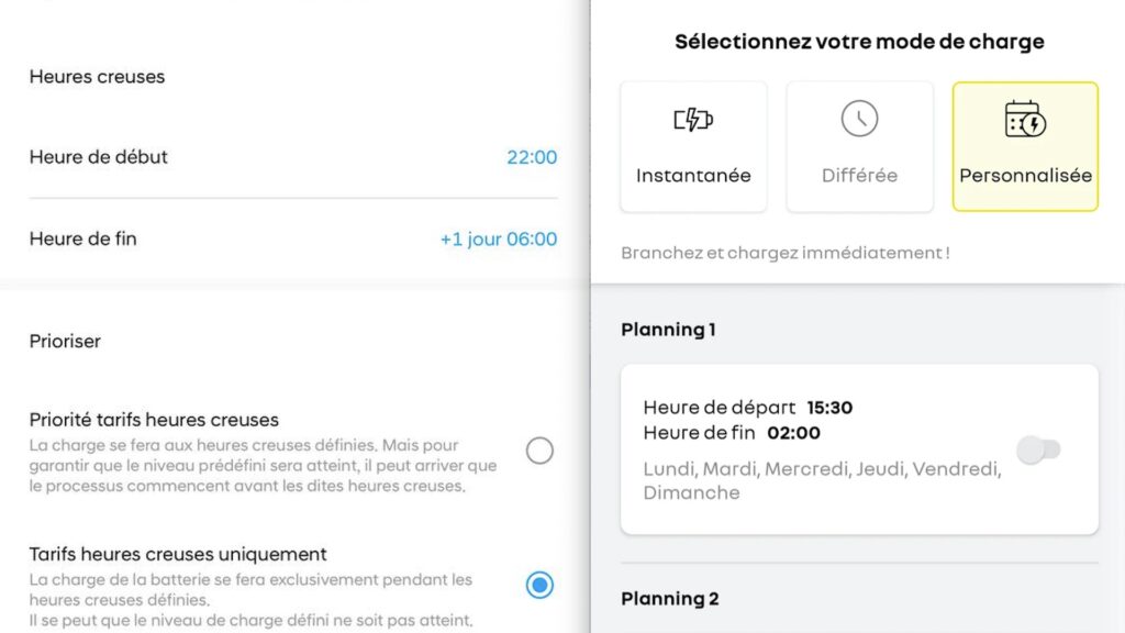 La gestion des heures creuses via l'application Hyundai à gauche, et Renault à droite. // Source : Bob JOUY pour Numerama