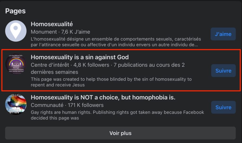 La page, ouvertement homophobe, arrive en 2e position lorsqu'on effectue une recherche sur Facebook // Source : Capture d'écran Numerama