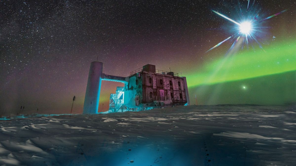 Rendu artistique d'IceCube, l'observatoire installé au Pôle Sud et dédié à la détection des neutrinos. // Source : Icecube/NSF