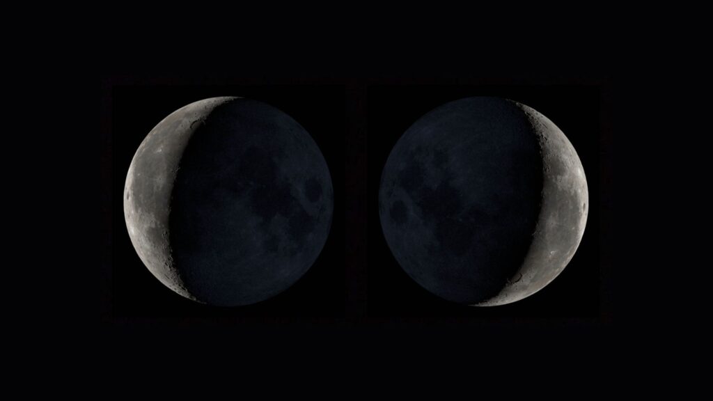 La Lune, le 8 mars 2021. Vue de l'hémisphère nord (gauche) et sud (droite). // Source : NASA’s Scientific Visualization Studio