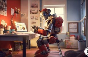 Un robot faisant les devoirs // Source : Numerama avec Midjourney