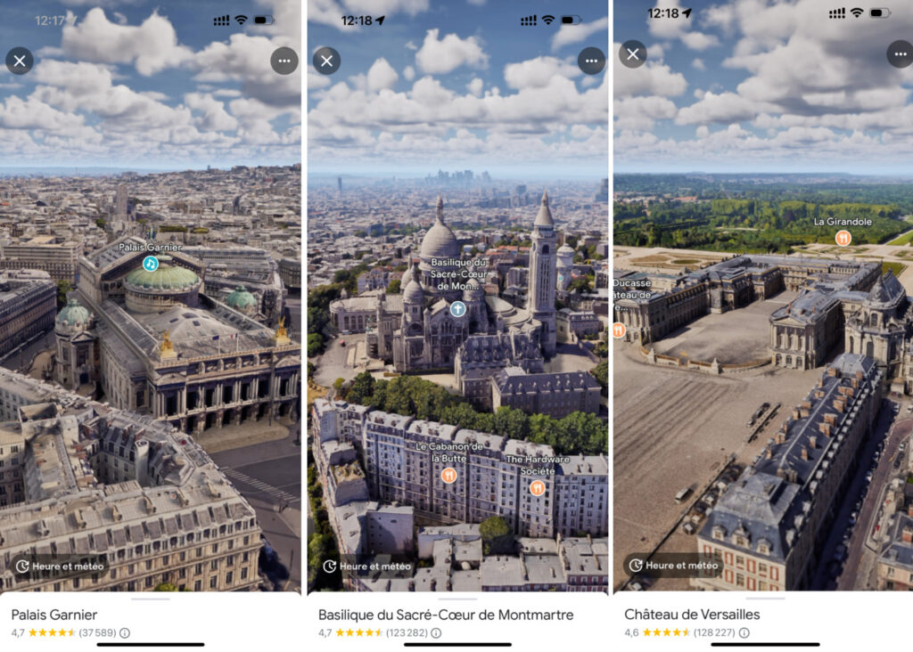 Trois des bâtiments éligibles à la vue immersive dans Google Maps.