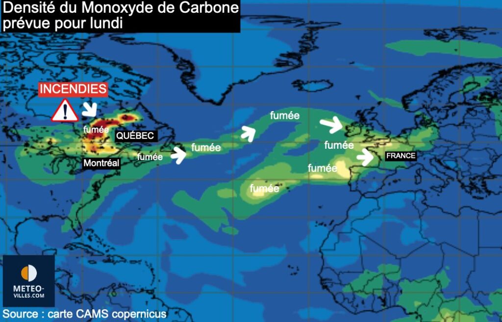 Fumées des incendies dirigées vers la France. // Source : Via Twitter @Meteovilles