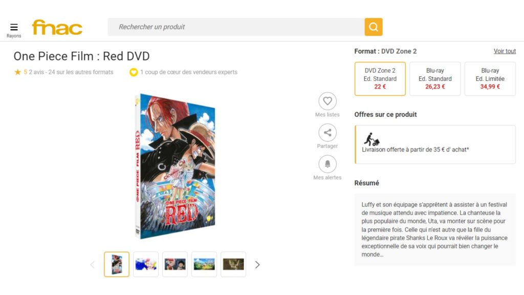 Le prix de One Piece : Red est bien plus avantageux en DVD // Source : Capture d'écran Numerama