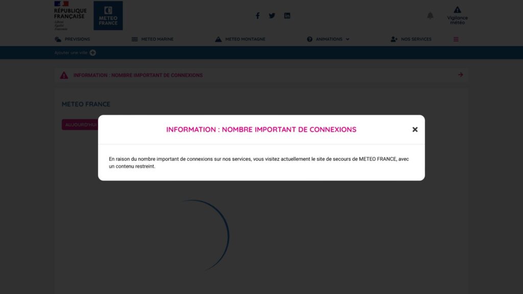 Un message informant des problèmes en cours sur le site de substitution. // Source : Capture d'écran Météo-France