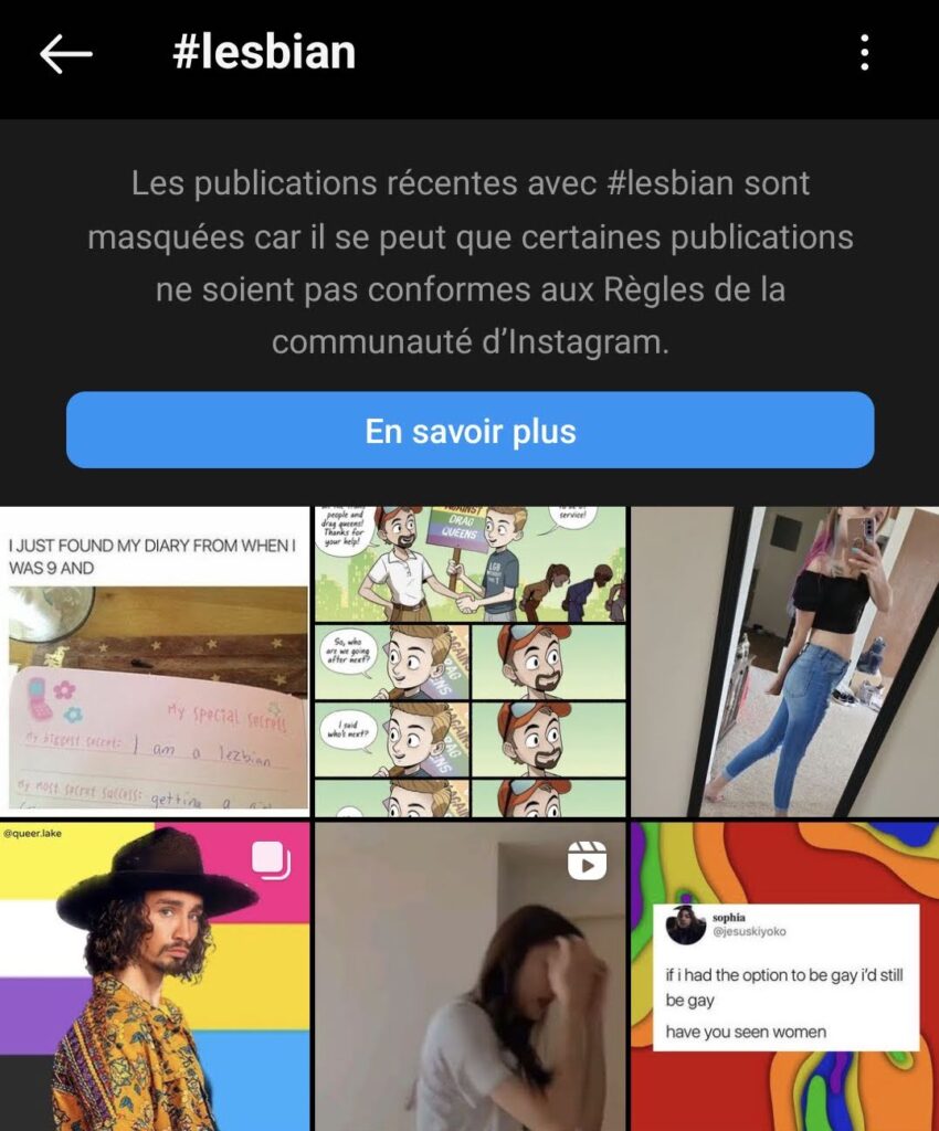 Le message d'avertissement apparait lorsqu'on fait une cherche sur le hashtag #lesbian // Source : Capture d'écran Numerama