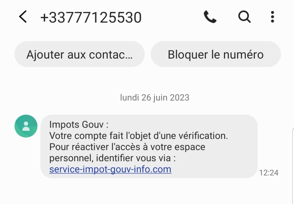 Le SMS de phishing reçu ce 26 juin. // Source : Numerama