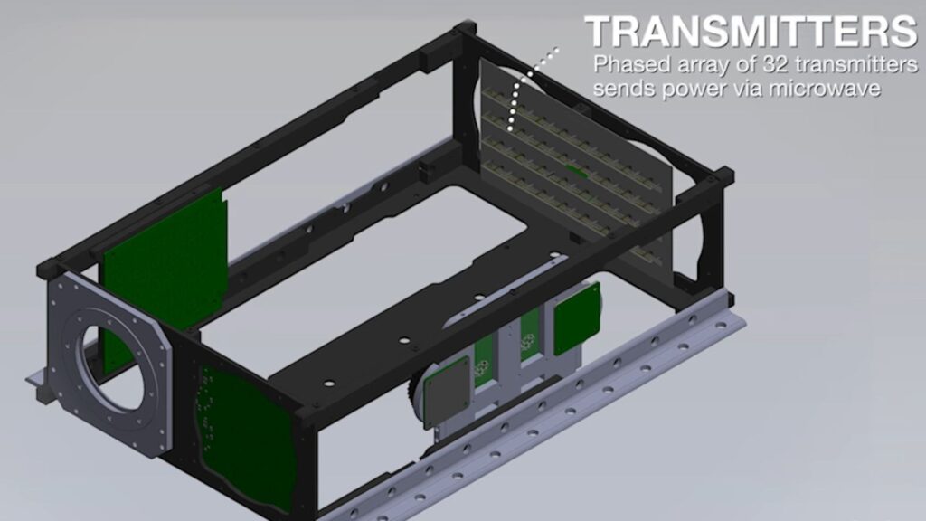 Le boîtier MAPLE vu de près, qui contient de quoi transmettre en micro-ondes (gigahertz) l'énergie vers la Terre ou ailleurs. // Source : Caltech