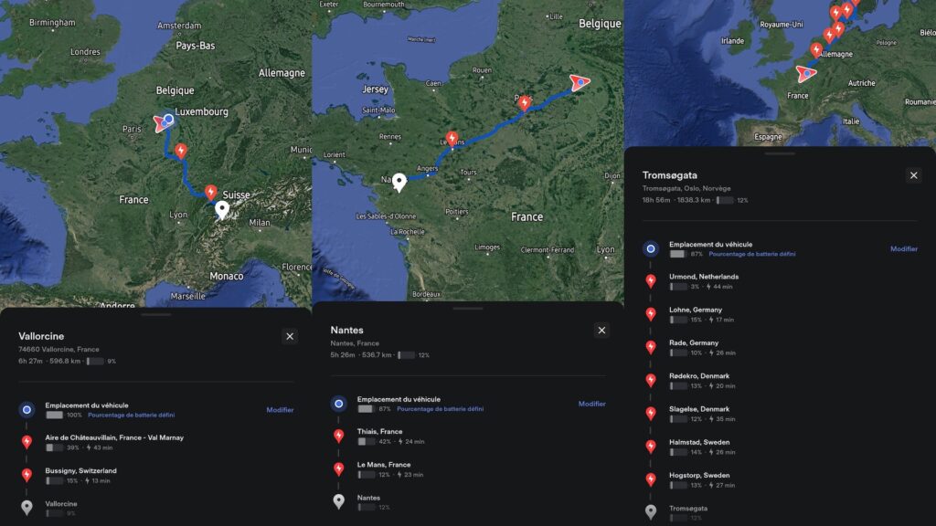 La planification des trajets dans l'application Tesla // Source : Bob JOUY pour Numerama