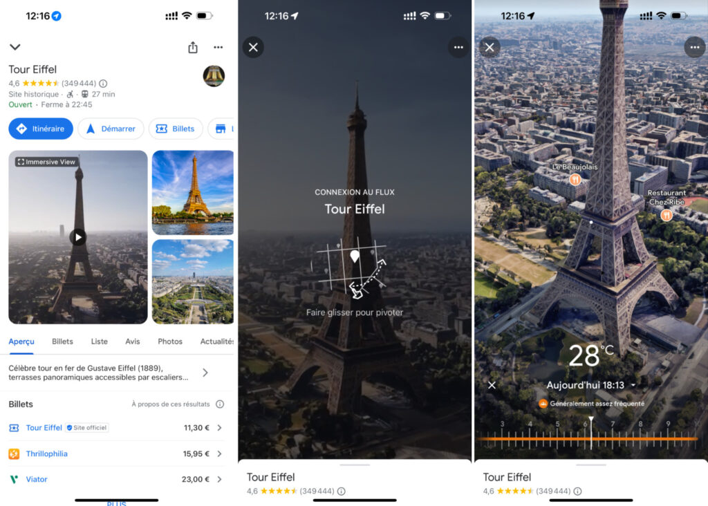 Pour lancer une vue immersive, il faut se rendre sur la page d'un lieu éligible. On peut faire varier l'heure de la journée pour simuler les ombres et la météo.
