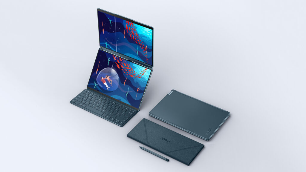 Le Yoga Book 9i avec son stylet, son clavier magnétique et la couverture du clavier capable de se transformer en support pour les écrans // Source : Lenovo