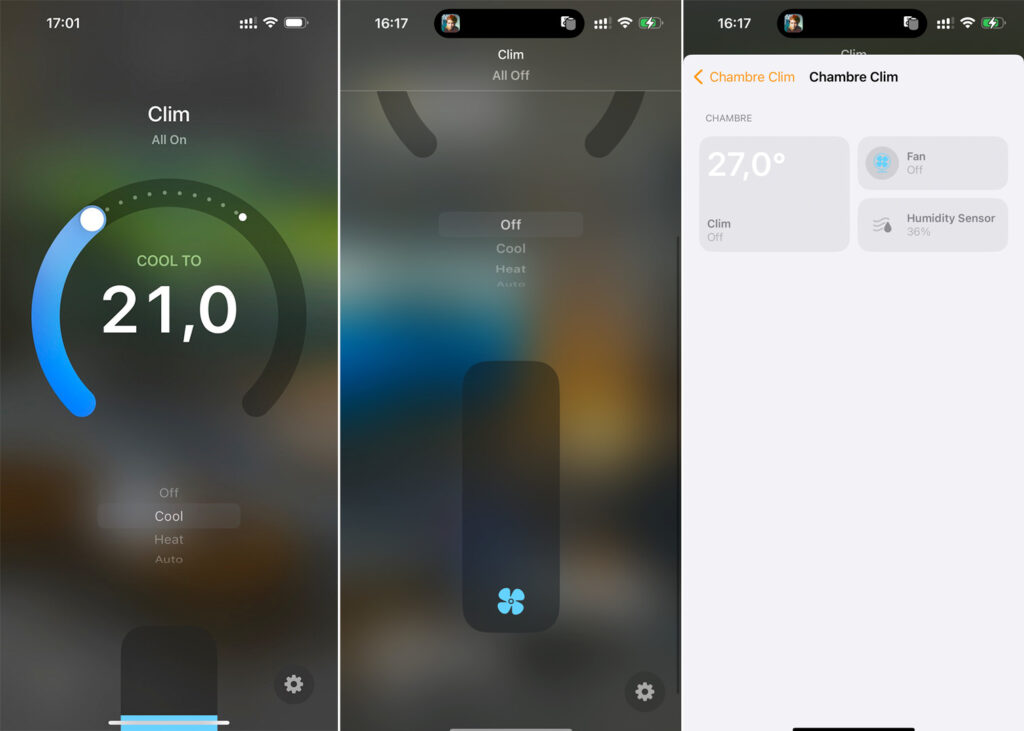 Sous iOS 17, la clim Netatmo ressemble à ça. L'interface est beaucoup plus jolie que celle de Home+Control, mais avec des options bien plus limitées.