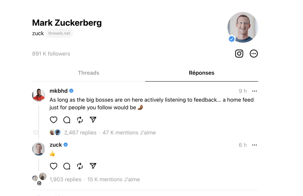Sur Threads, Mark Zuckerberg a décidé de jouer la transparence. Il répond aux demandes et promet de ne pas troller, comme Elon Musk.