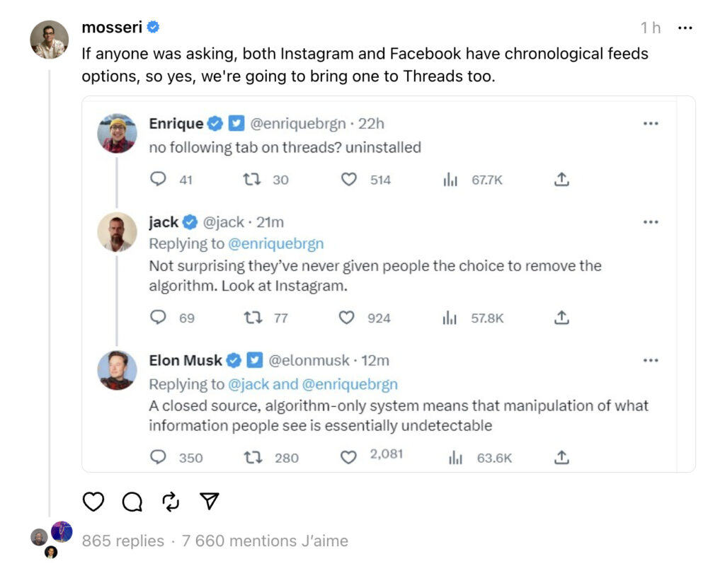 Sur Threads, le patron d'Instagram répond à Elon Musk et Jack Dorsey qui l'accusent de mentir sur le flux chronologique. Il va bien arriver.