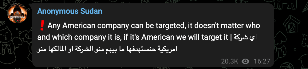 Anonymous Sudan menace toutes les entreprises américaines sur sa chaîne Telegram // Source : Capture d'écran Numerama