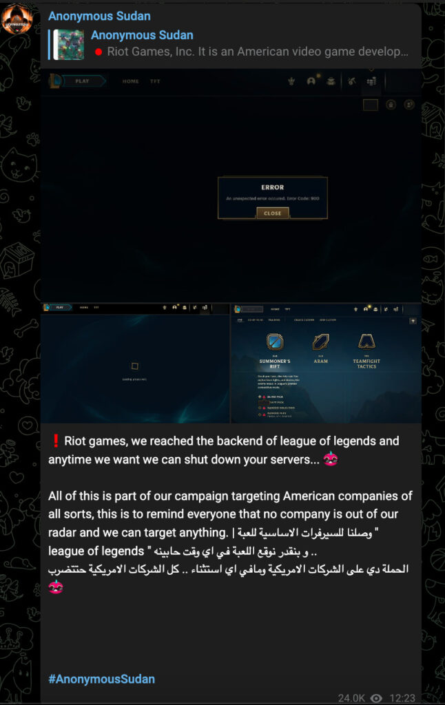 La menace d'Anonymous Sudan contre League of Legends // Source : Capture d'écran Numerama