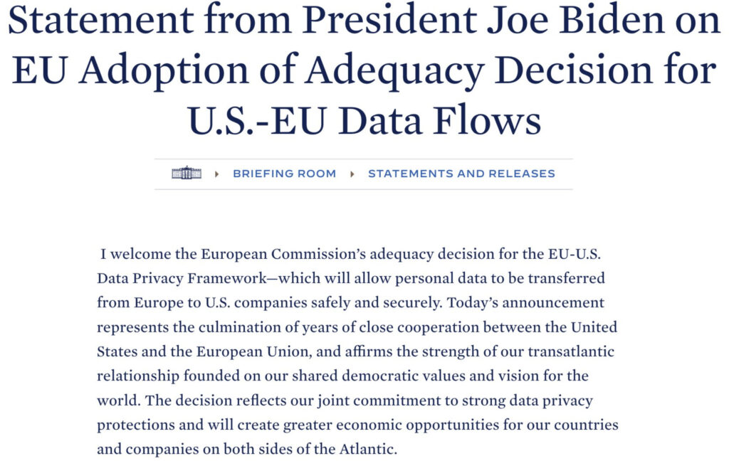 Le communiqué envoyé par la Maison-Blanche sur l'accord entre l'UE et les US. // Source : White House