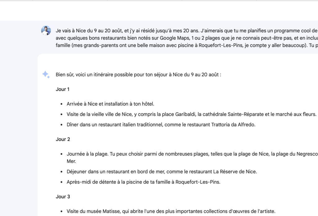 Le programme de Bard est très vide. Il propose des choses que n'importe quel site conseillerait. ChatGPT propose un programme beaucoup plus détaillé.