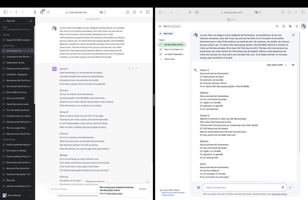 ChatGPT à gauche, Google Bard à droite.