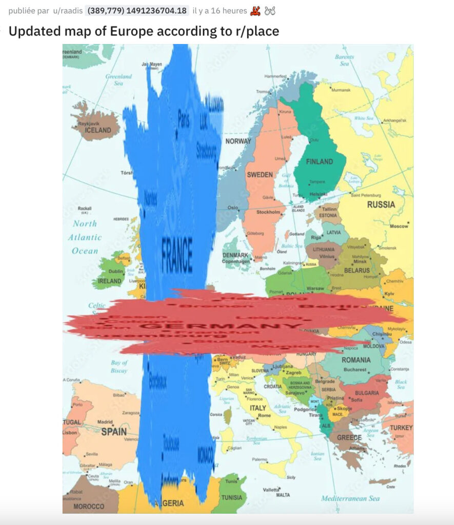 La carte d'Europe selon r/Place // Source : Reddit / Capture d'écran Numerama