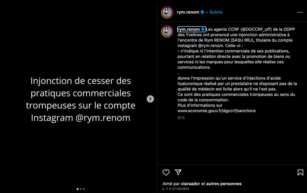 Rym Renom a dû publier un message de la DGCCRF sur son compte Instagram // Source : Capture d'écran Numerama