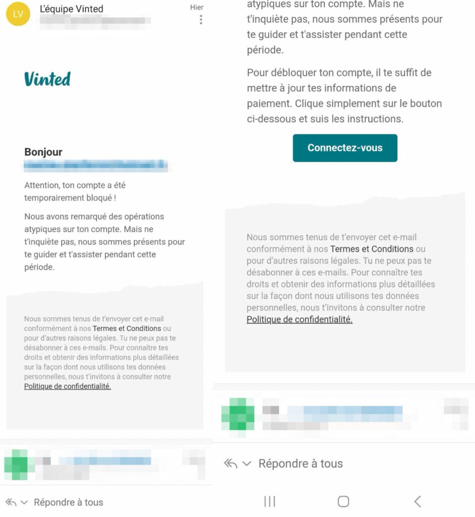 Le phishing Vinted // Source : Capture d'écran Numerama