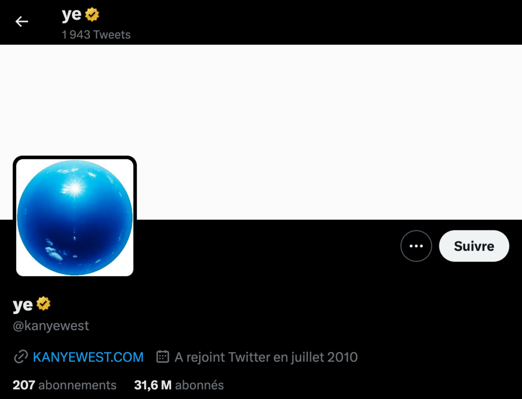 Le compte Twitter de Kanye West est certifié comme celui d'une entreprise // Source : Capture d'écran Numerama