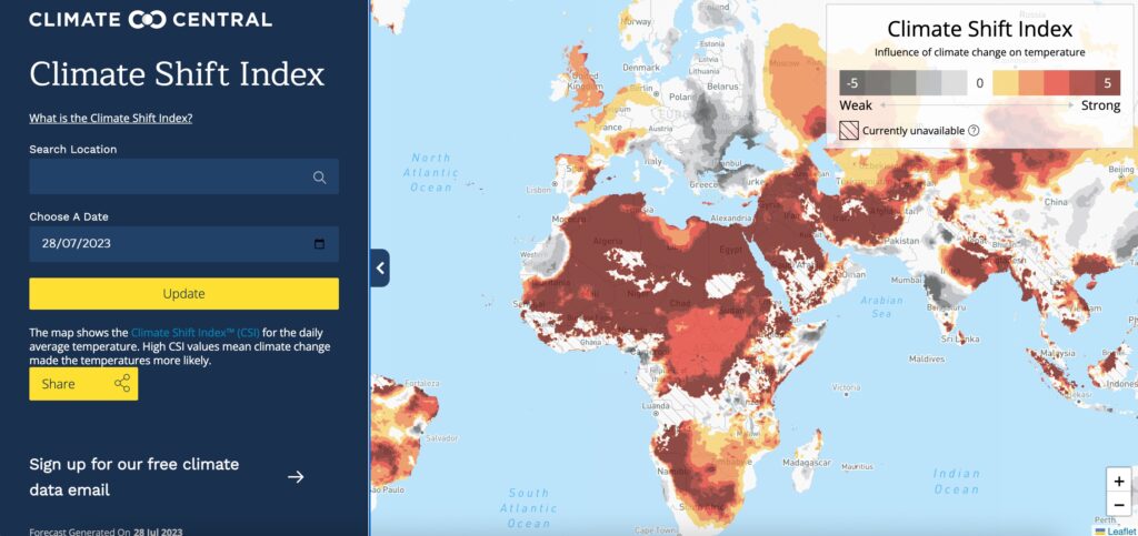 La carte montre l'impact du réchauffement climatique sur les températures du 28 juillet 2023 // Source : Climate Central