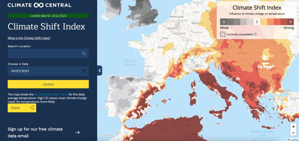 On voit que l'indice est de 5 au niveau de la Sardaigne, où les records de températures ont été battus le 24 juillet // Source : Climate Central