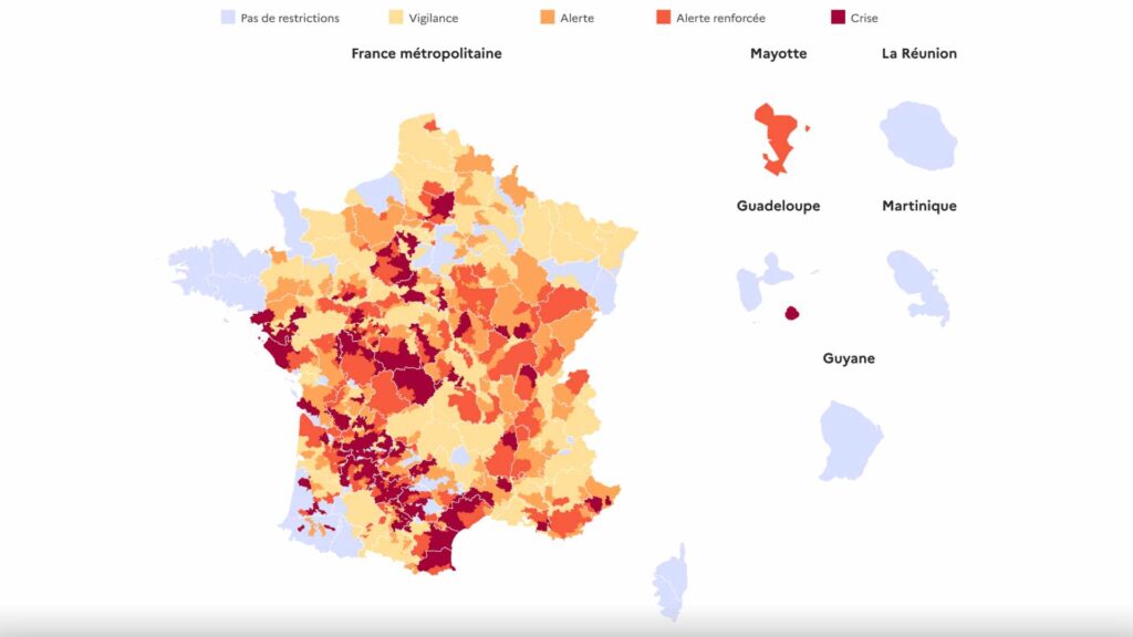 Les niveaux d'alerte à la sécheresse en France // Source : VigiEau